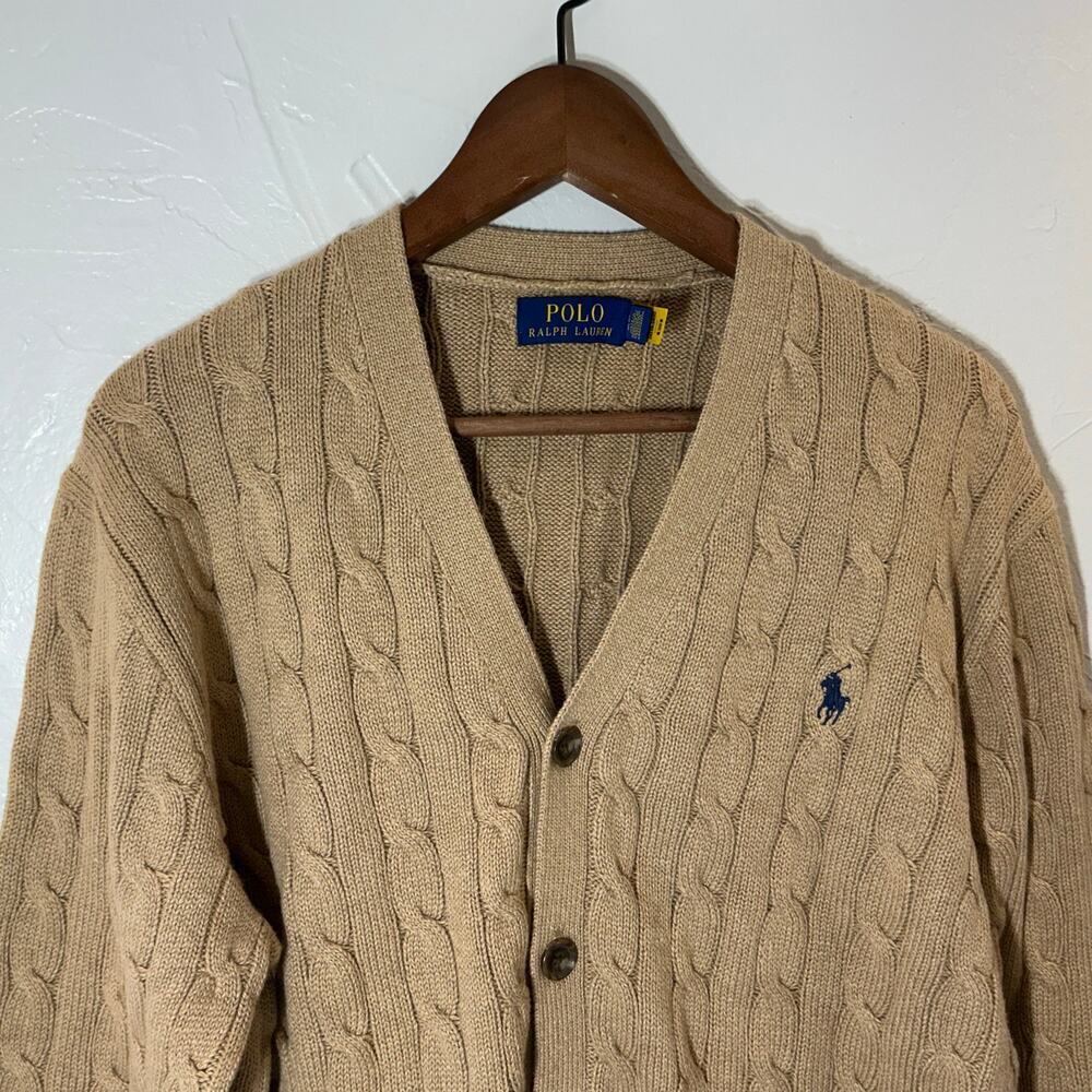 Polo Ralph Lauren Cotton Cable Cotton Camel TanCardigan Sweater Size Large - Picture 3 of 13
